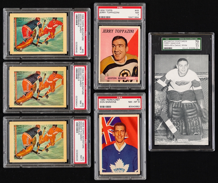 1956 to 1966 Topps and Parkhurst PSA-Graded Hockey Cards (9) Plus SGC-Graded Terry Sawchuk McCarthy Hockey Postcard