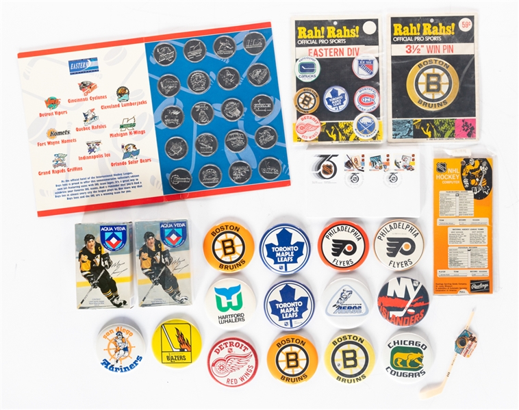 1970s and 1980s Hockey Memorabilia Collection Including NHL/WHA Buttons, Mario Lemieux Aqua Velva After Shave Bottles in Original Boxes (2), Phil Esposito Mylec Mini Hockey Stick/Puck and More!