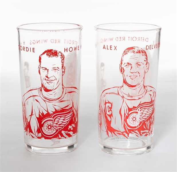 1961-62 Detroit Red Wings Gordie Howe and Alex Delvecchio York Peanut Butter Glasses from Frank Mahovlichs Personal Collection with Family LOA 