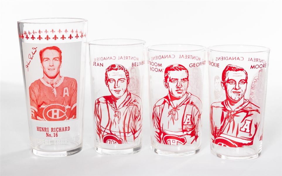 1960-61 to 1967-68 Montreal Canadiens Beliveau, Moore, Richard and Geoffrion York Peanut Butter Glasses from Frank Mahovlichs Personal Collection with Family LOA 