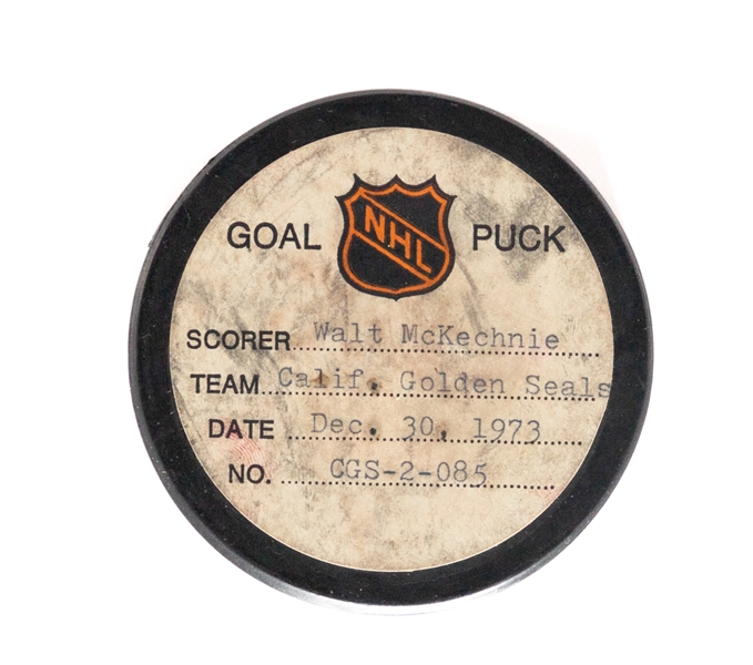 Walt McKechnies California Golden Seals Dec 30th 1973 Goal Puck from the NHL Goal Puck Program - Season Goal #11 of 23 / Career Goal #47 of 214