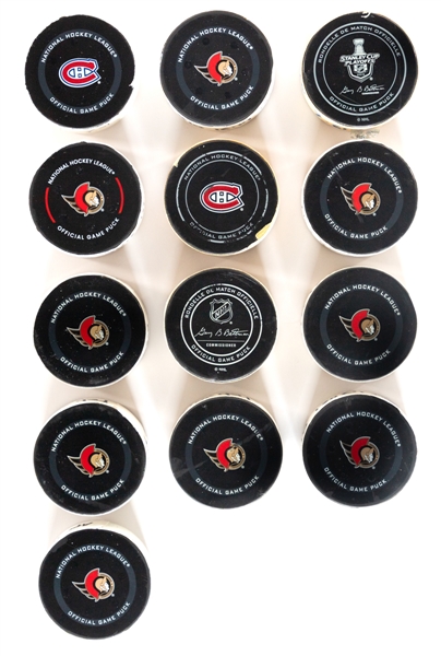 Ottawa Senators 2014 to 2022 Game-Used Goal Puck Collection of 13 - All With COAs! 