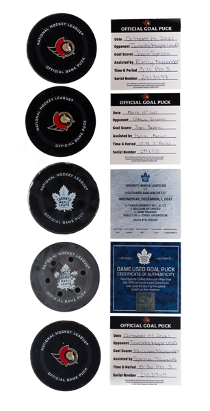 Toronto Maple Leafs 2020-21 and 2021-22 Game-Used Goal Puck Collection of 5 Including Nylander, Tavares, Spezza and Dermott - All With COAs! 