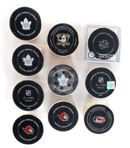 Toronto Maple Leafs 2016 to 2022 Game-Used Shutout and Goal Puck Collection of 10 - All With COAs! 