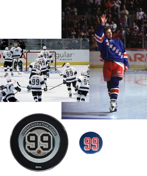 Wayne Gretzky New York Rangers and Los Angeles Kings Retirement Memorabilia Collection of 2 Including April 18th, 1999 Rangers Pin and October 9, 2002 Kings Jersey Retirement Game Puck
