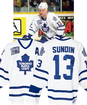 Mats Sundins 1996-97 Toronto Maple Leafs Signed Game-Worn Alternate Captains Jersey with LOA - Maple Leaf Gardens 65th Anniversary Patch! - Nice Game Wear! - Photo-Matched! 