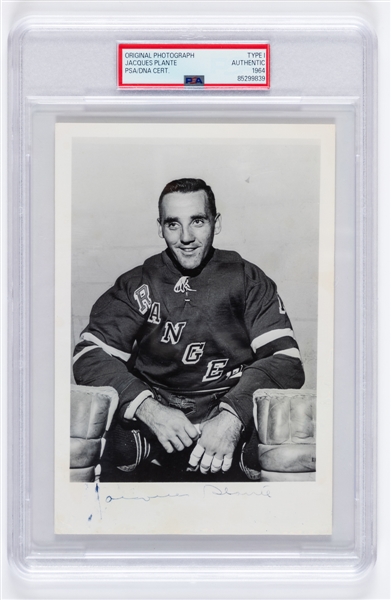 Deceased HOFer Jacques Plante Signed 1964 New York Rangers Type I Photograph from the E. Robert Hamlyn Collection - PSA/DNA Certified