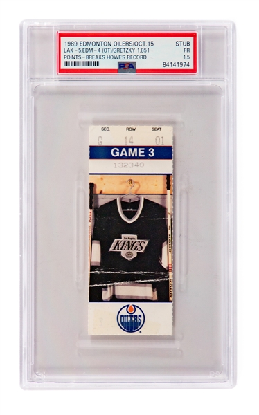 October 15th 1989 Wayne Gretzky "1851 Points" Ticket Stub - Los Angeles Kings 5 Edmonton Oilers 4 – Gretzky Surpasses Howe! - One of Only Twenty Ticket Stubs Graded at PSA