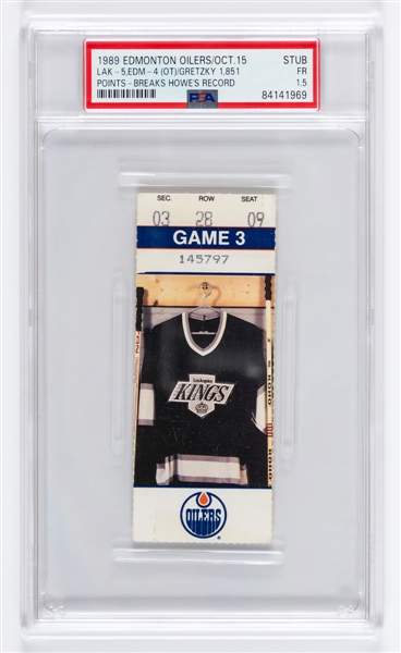 October 15th 1989 Wayne Gretzky "1851 Points" Ticket Stub - Los Angeles Kings 5 Edmonton Oilers 4 – Gretzky Surpasses Howe! - One of Only Twenty-One Such Ticket Stubs Graded at PSA