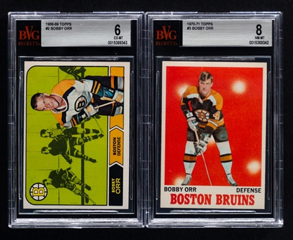 1968-69 Topps Hockey Card #2 HOFer Bobby Orr (Graded Beckett 6) and 1970-71 Topps Hockey Card #3 HOFer Bobby Orr (Graded Beckett 8)