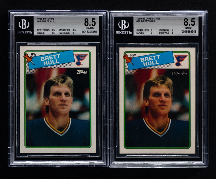1988-89 O-Pee-Chee and Topps Hockey Cards #66 HOFer Brett Hull Rookie (2) - Each Graded Beckett 8.5