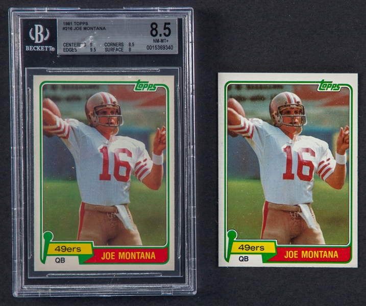 1981 Topps Football Card #216 HOFer Joe Montana Rookie (Graded Beckett 8.5), Additional Raw Rookie Card and Signed San Francisco 49ers Jersey with JSA Auction LOA