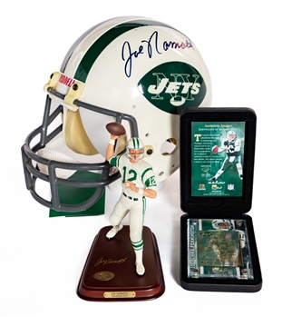 Joe Namath Signed New York Jets Full-Size Riddell "Throwback" Helmet Plus Namath Danbury Mint All Star Statue Figurine with JSA Auction LOA 