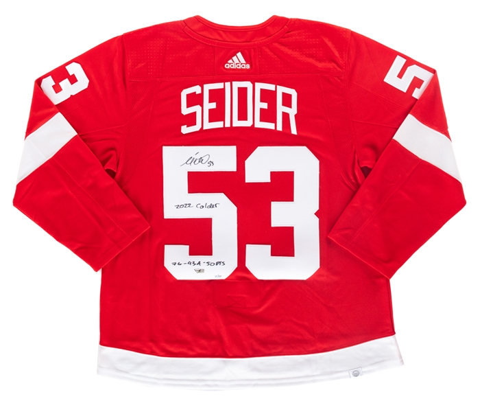 Moritz Seider Signed Limited-Edition Detroit Red Wings Jersey (2/22) - "2022 Calder / 7G - 43A - 50PTS" Annotation - Fanatics Authenticated