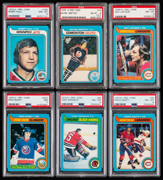 1979-80 O-Pee-Chee Hockey Complete 396-Card Set Including #18 HOFer Wayne Gretzky Rookie Card (Graded PSA 8 OC) Plus Other PSA-Graded Cards (37)