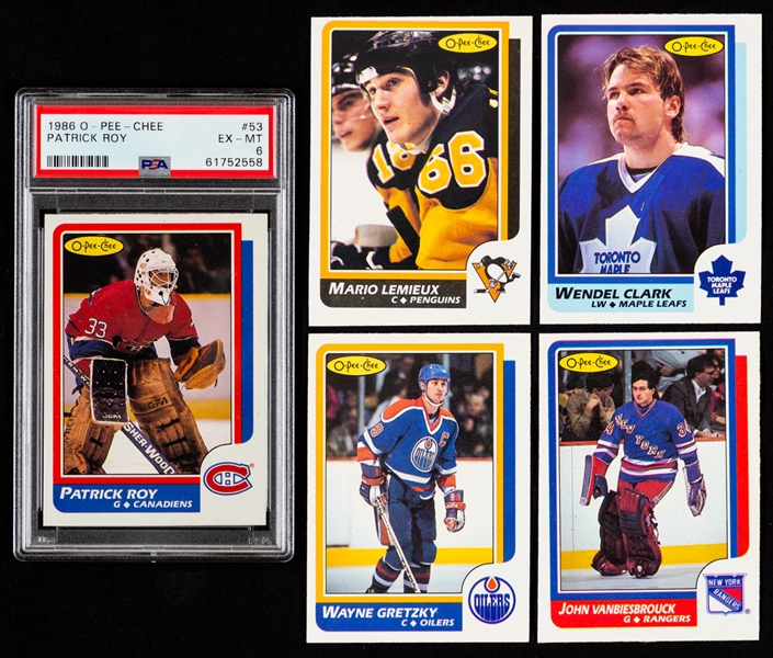1986-87, 1987-88 & 1988-89 O-Pee-Chee Hockey Complete 264-Card Sets (3) - Includes 1986-87 OPC #53 HOFer Patrick Roy Rookie (Graded PSA 6)