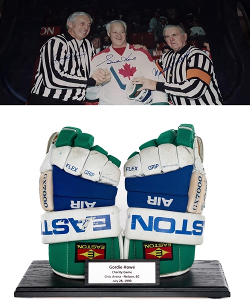 Gordie Howes 1990 "Ernie Gare Scholarship Celebration Mid-summer Hockey Classic" Game-Worn Gloves - Photo-Matched!