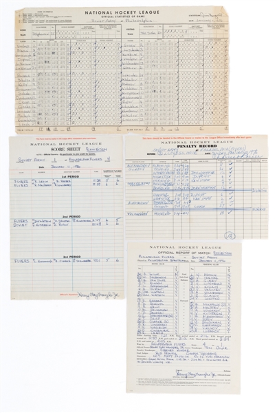 January 11th, 1976 Philadelphia Flyers vs Soviet Red Army (CSKA Moscow) Original Game Sheet, Match Report, Score Sheet and Penalty Record Collection of 4 Plus Other Late-1970s Soviet Hockey Documents 