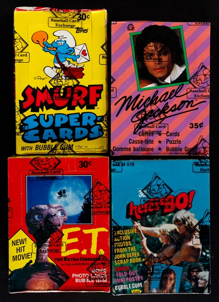 1981 Fleer Heres Bo, 1982 Topps E.T., 1982 Topps Smurfs and 1984 O-Pee-Chee Michael Jackson Wax Boxes (4) - All BBCE Certified