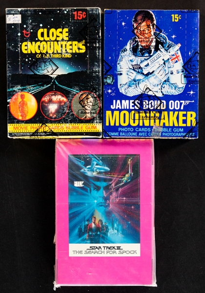 1978 Topps Close Encounters Wax Box (BBCE Certified), 1979 O-Pee-Chee Moonraker Wax Box (BBCE Certified Tape Intact) and 1984 Star Trek III Wax Box