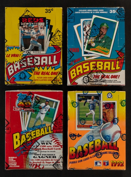 1986 to 1992 O-Pee-Chee Baseball Wax Boxes (6) - Includes BBCE Certified 1986 (Tape Intact), 1989 and 1991 (Tape Intact) Examples