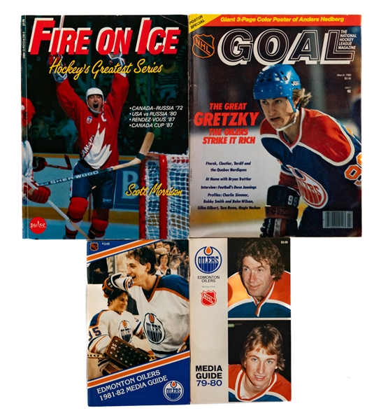 Wayne Gretzky Hockey Cards and Memorabilia Collection Including Vintage Early-1980s Player Model Sticks, 1979-80 Edmonton Oilers Media Guide and More