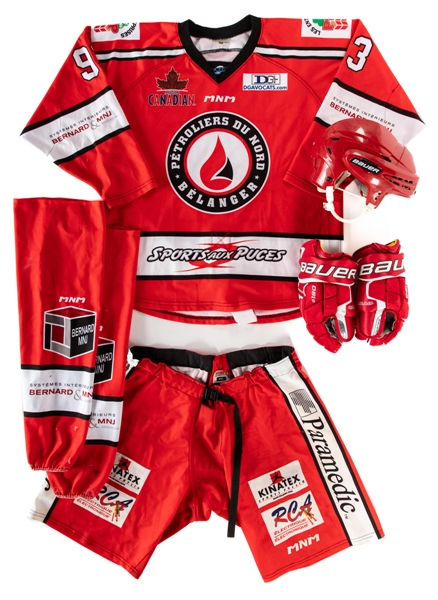 Patrick Bordeleaus 2018-19 LNAH Petroliers du Nord Game-Worn Uniform and Equipment Collection of 5 Including Jersey, Gloves , Helmet, Pant Shell and Socks