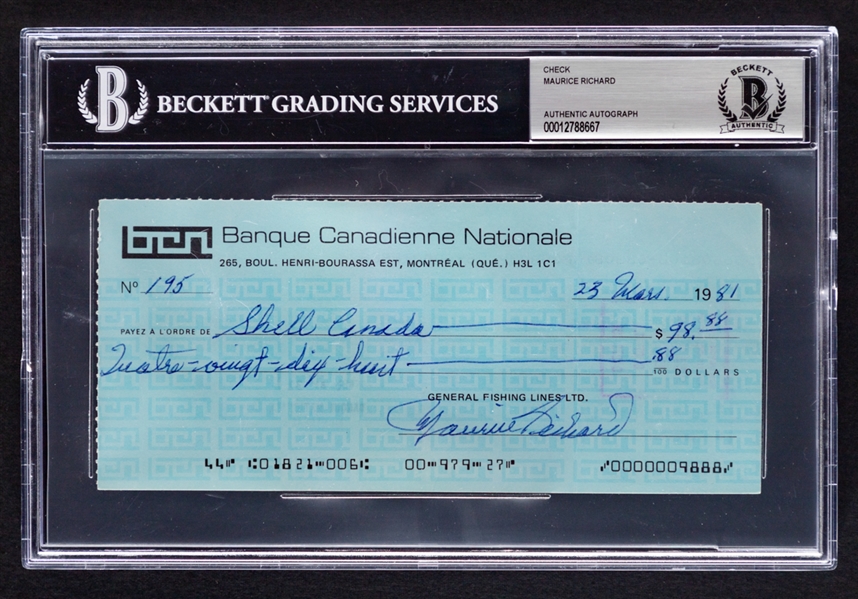 Deceased HOFer Maurice "Rocket" Richard Signed Check - Beckett Certified 