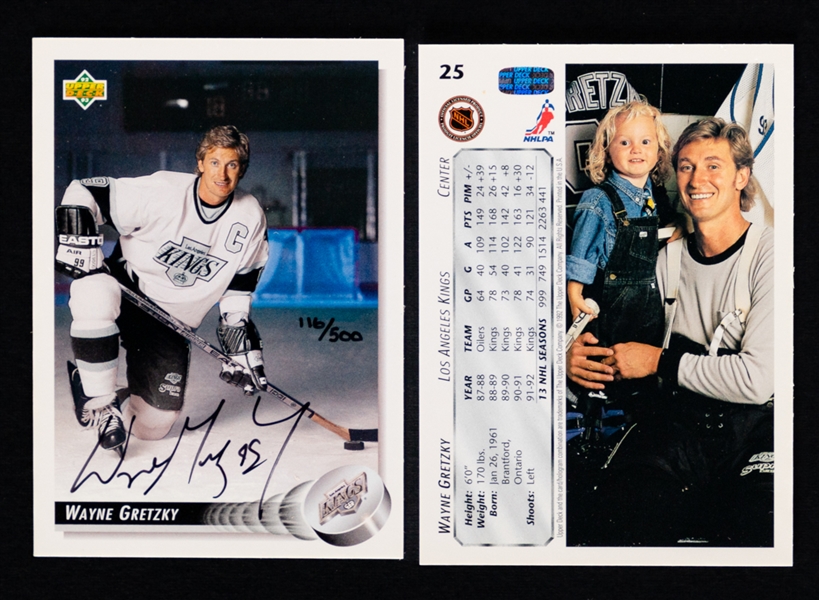 HOFer Wayne Gretzky Hockey Cards Inc. 1992-93 Upper Deck Signed Limited-Edition Card #25 (116/500 - UDA Authenticated) and 1994-95 Upper Deck "802" Limited-Edition 24K Gold Card (1584/3500)