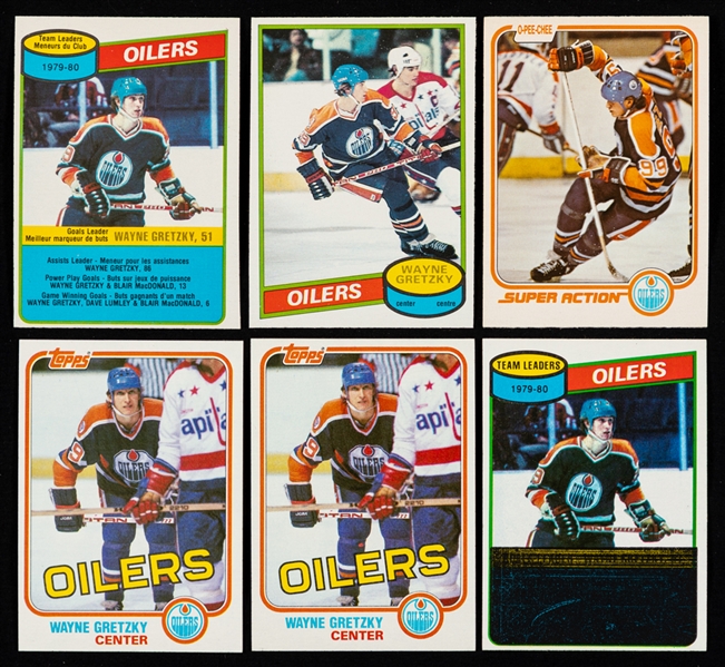  1980-81 to 1988-89 O-Pee-Chee and Topps Hockey Cards of Wayne Gretzky, Mario Lemieux and Brett Hull (12 Cards + 42 Other Cards from Various Years)
