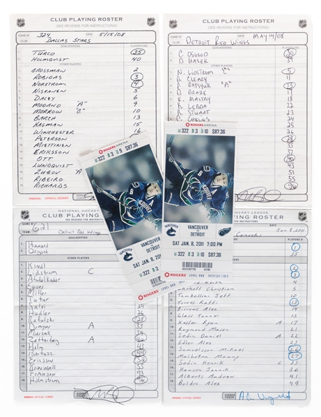 National Hockey League 2008 to 2011 Detroit Red Wings, Dallas Stars and Vancouver Canucks Roster Sheets Collection of 4 Signed by Mike Babcock (2), Dave Tippett and Alain Vigneault with NHL COA