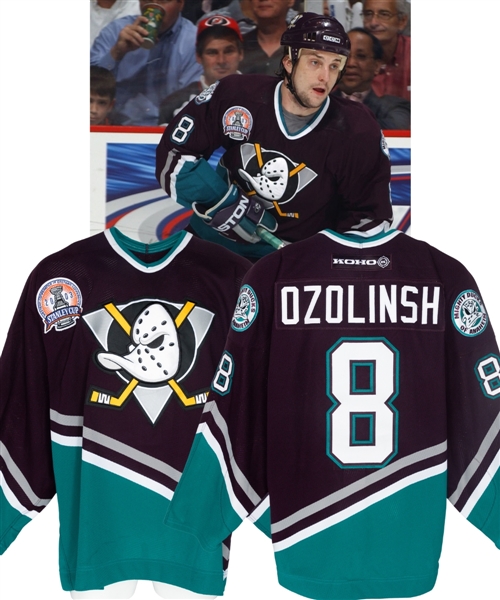 Sandis Ozolinshs 2002-03 Anaheim Mighty Ducks Game-Worn Stanley Cup Finals Jersey - 2003 Stanley Cup Finals Patch! - Photo-Matched!