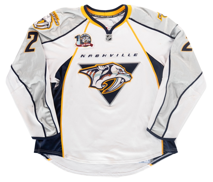 Dan Hamhuis 2007-08 Nashville Predators Game-Worn Jersey with LOA - 10th Anniversary Patch! - Photo-Matched!