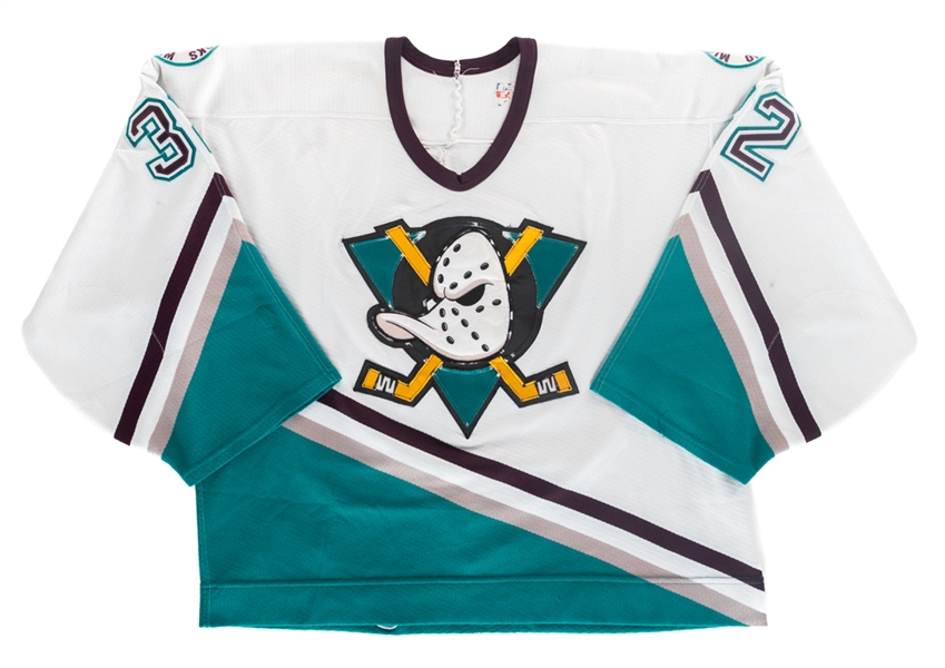 Stu Grimsons 1998-99 Anaheim Mighty Ducks Game-Worn Jersey with Team LOA - Large Team Repair!