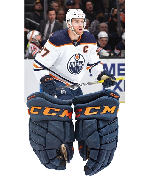 Connor McDavids 2021-22 Edmonton Oilers CCM Game-Worn Gloves (Team LOA) - Worn in 25 Games Inc. 100th Point of Season, 30th & 40th Goals of Season & 200th Career Multi-Point Game! - Photo-Matched! 