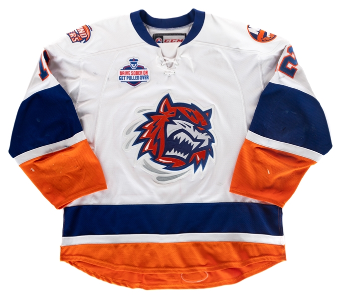 Josh Holmstroms 2016-17 AHL Bridgeport Sound Tigers Game-Worn Jersey with Team LOA - Nice Game Wear! - Team Repairs! - Photo-Matched! 