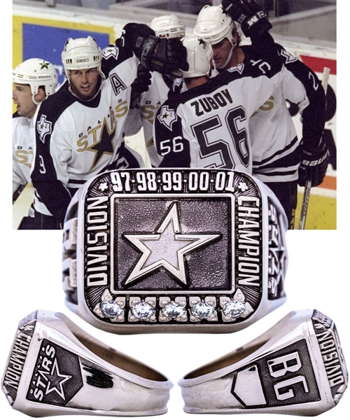 Bob Gaineys 1996-2001 Dallas Stars Division Champions 14K Gold and Diamond Ring from His Personal Collection with His Signed LOA - Presented for 5 Consecutive Division Championships!