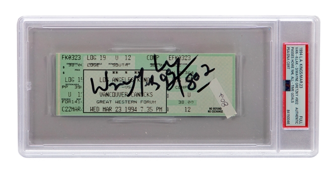 March 23rd 1994 L.A. Kings Full Ticket (Vancouver 6 - L.A. 3) Wayne Gretzky #802 Passes Howe for NHL All-Time Goals - Signed by Gretzky "Wayne Gretzky 802" - PSA/DNA Certified