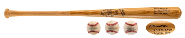 Willie Mays Signed Adirondack Signature Model Bat Plus Signed ONL Baseballs (2) Plus Hank Aaron Signed ONL Baseball with JSA Auction LOA