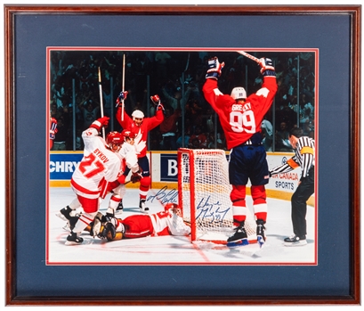 Wayne Gretzky and Mario Lemieux Dual-Signed 1987 Canada Cup "The Goal" Framed Photo with JSA Auction LOA (26" x 22 1/2")