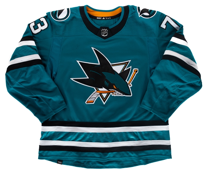 Noah Gregors 2022-23 San Jose Sharks Game-Worn Jersey with Team COA - Nice Game Wear - Team Repairs! - Photo-Matched!