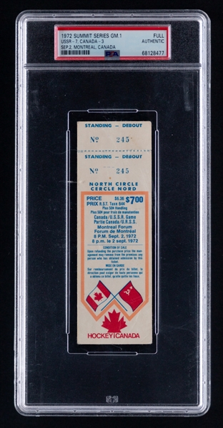 1972 Canada-Russia Summit Series Game 1 Full Ticket from Montreal Forum - Graded PSA Authentic