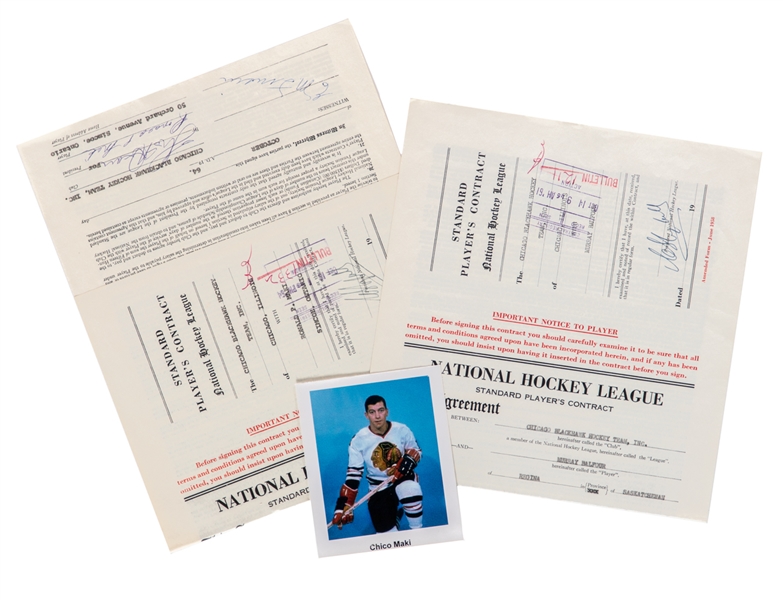 Chico Maki 1964-66 and Murray Balfour 1961-62 Signed NHL Contracts also Signed by Deceased HOFers Clarence Campbell and Tommy Ivan 