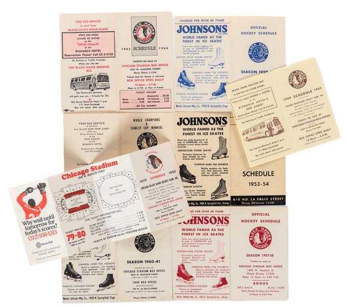 1953-54 to 1979-80 Nestor Johnson Skates and Chicago Black Hawks Booster Bus Black Hawks Schedule Collection of 8 