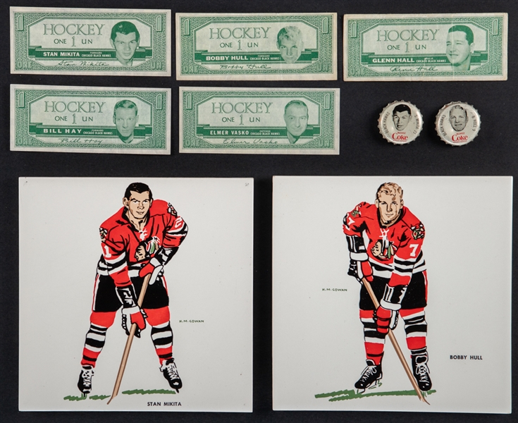 Bobby Hull and Stan Mikita Chicago Blackhawks Memorabilia Collection Including Signed Sticks, 1962-63 Topps Hockey Bucks (5), 1962-63 H.M. Cowan/Screenart Tiles and 1964-65 Coca-Cola Bottle Caps