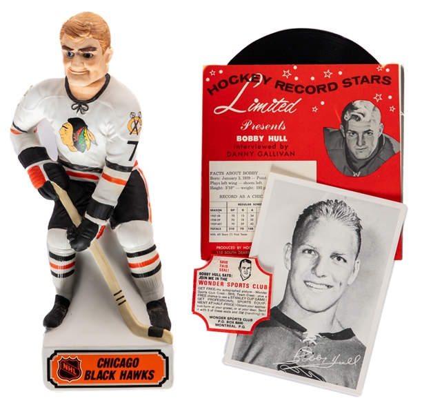 Bobby Hull 1960s Chicago Blackhawks Memorabilia Collection Including 1960-61 Wonder Bread Photo and Ad Tag, Circa-1960 45RPM Record and Decanter