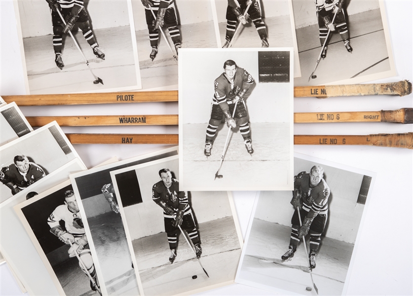 Chicago Black Hawks 1960s Memorabilia Collection Including Game-Used Sticks of Pierre Pilote, Kenny Wharram and Bill Hay Plus Team Issued Photos (12) Used For Topps Hockey Cards 