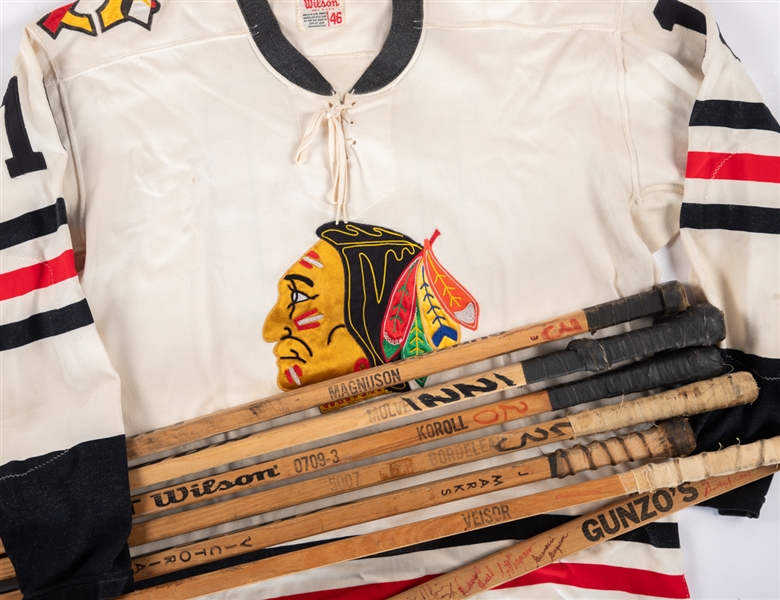 Chicago Blackhawks Mid-to-Late-1970s Game-Used Stick Collection of 7 Including Magnuson, White, Bordeleau and Others Plus Vintage Wilson Pro Style Jersey