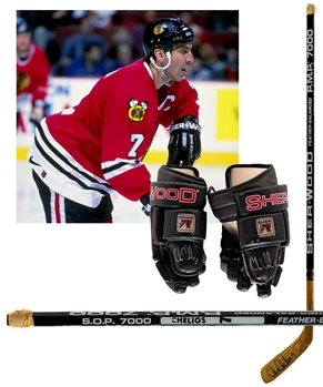 Chris Chelios Early-1990s Chicago Black Hawks Signed Sher-Wood P.M.P. 7000 Game-Used Stick Plus Mid-to-Late-1990s Sher-Wood SP-5060 Dual-Signed Gloves