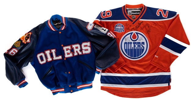 Reijo Ruotsalainens 1990 Edmonton Oilers Stanley Cup Champions Custom Varsity Jacket and Multi-Signed 2016 Rexall Place "Farewell Night" Jersey from His Personal Collection with His Signed LOA